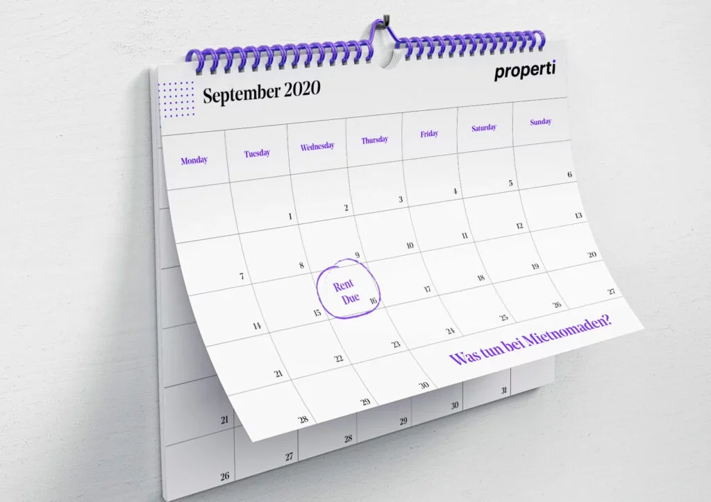 Kalender im Properti-Design und violetten Zierelementen