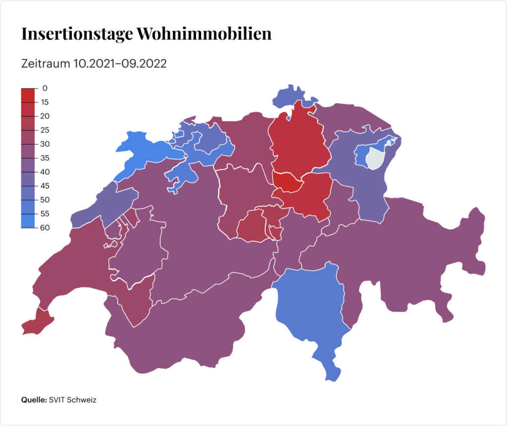 Heatmap mit regionaler Aufteilung der Insertionstage von Wohnimmobilien in der Schweiz 