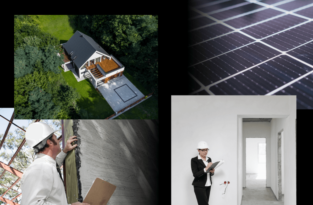 Collage aus Bildern mit einem Haus von oben, Solarzellen und Inspektion.