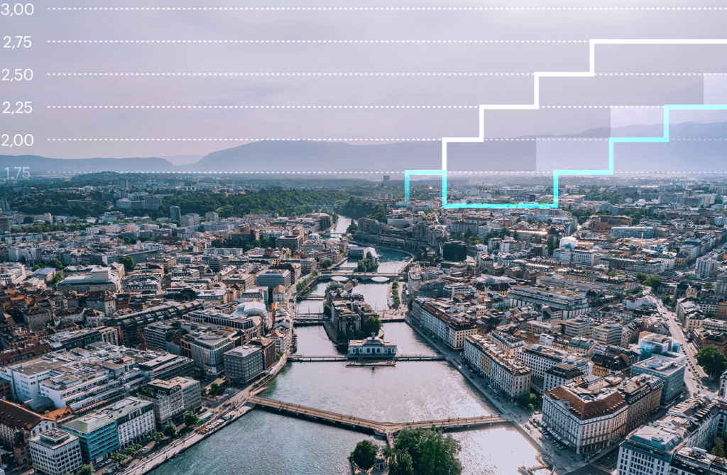 Schweizer Stadt Genf mit Overlay Referenzzinssatz Graph