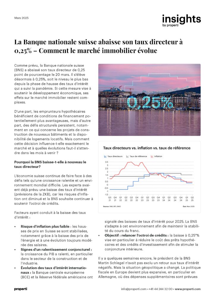 Insights, La Banque nationale suisse abaisse son taux directeur à
0,25% - Comment le marché immobilier évolue FR