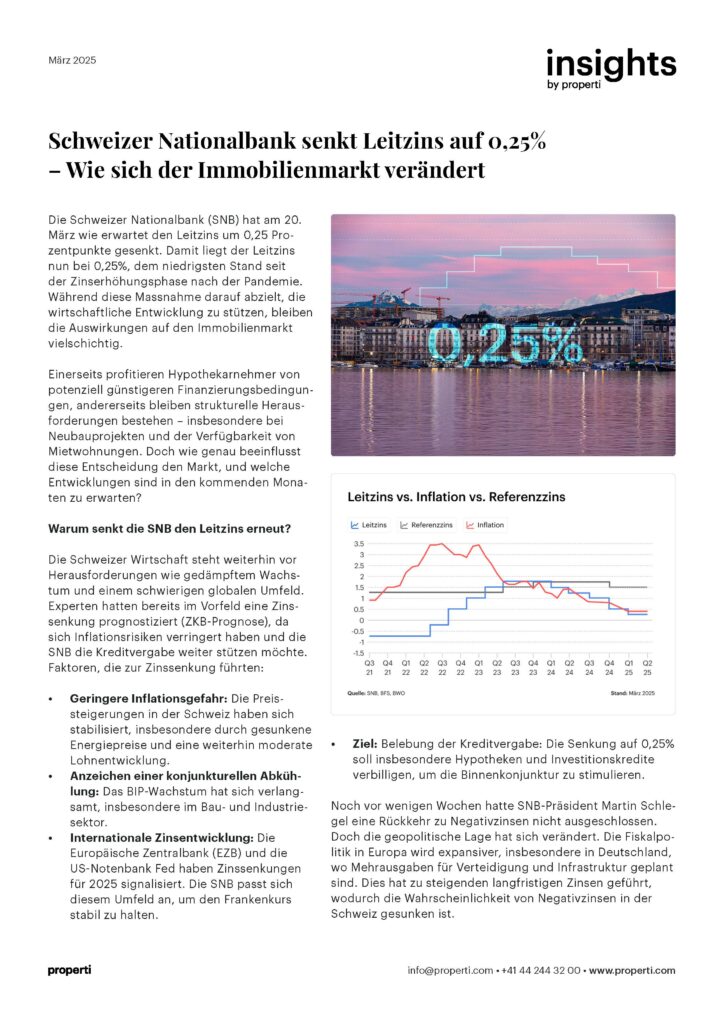 Approfondimenti La Banca Nazionale Svizzera abbassa il tasso di interesse di riferimento allo 0,25% - Come sta cambiando il mercato immobiliare IT