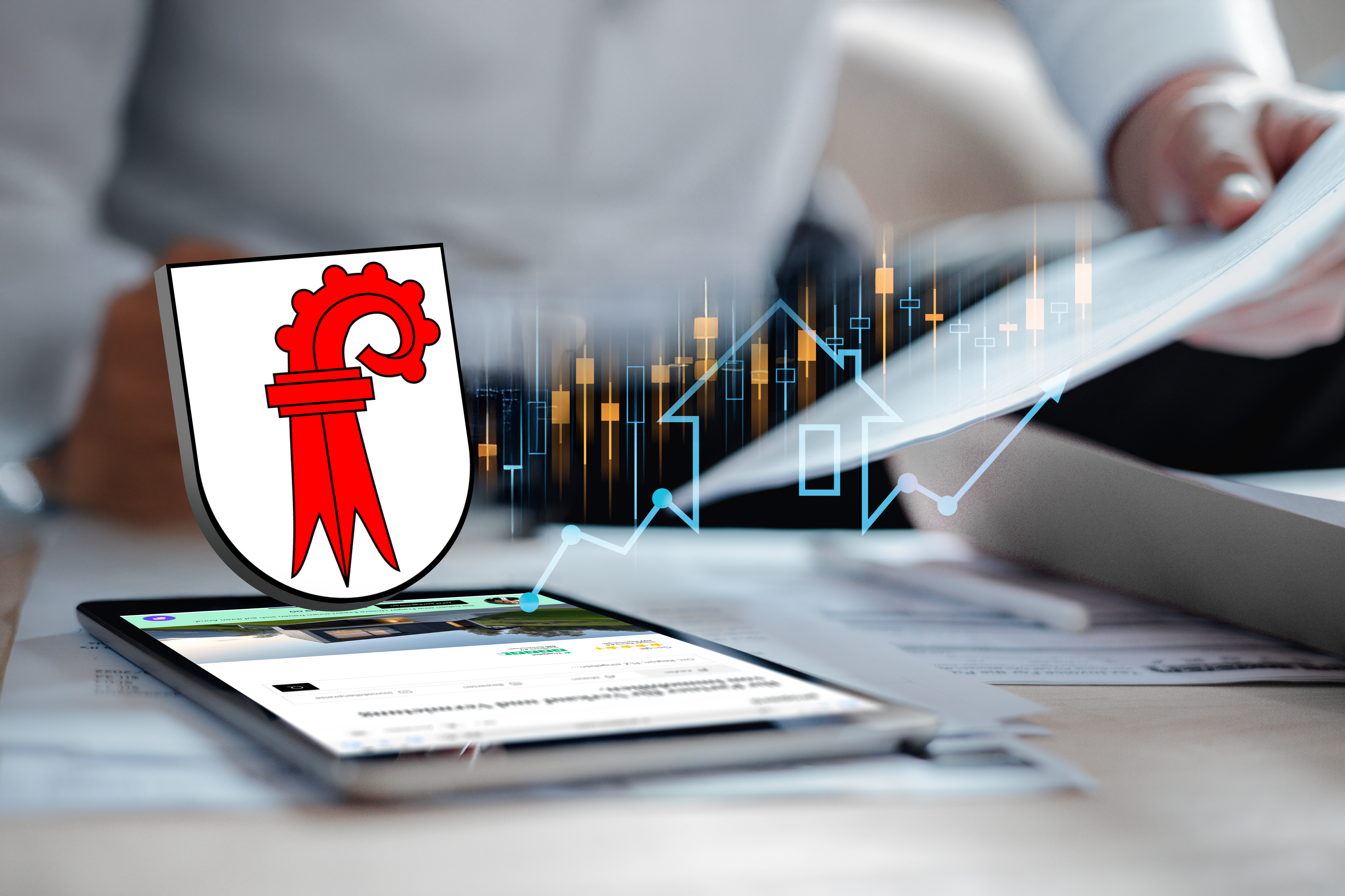 Visualization of property gains tax in the canton of Basel-Landschaft with cantonal coat of arms, digital financial data and real estate symbol - in the context of a blog post by properti