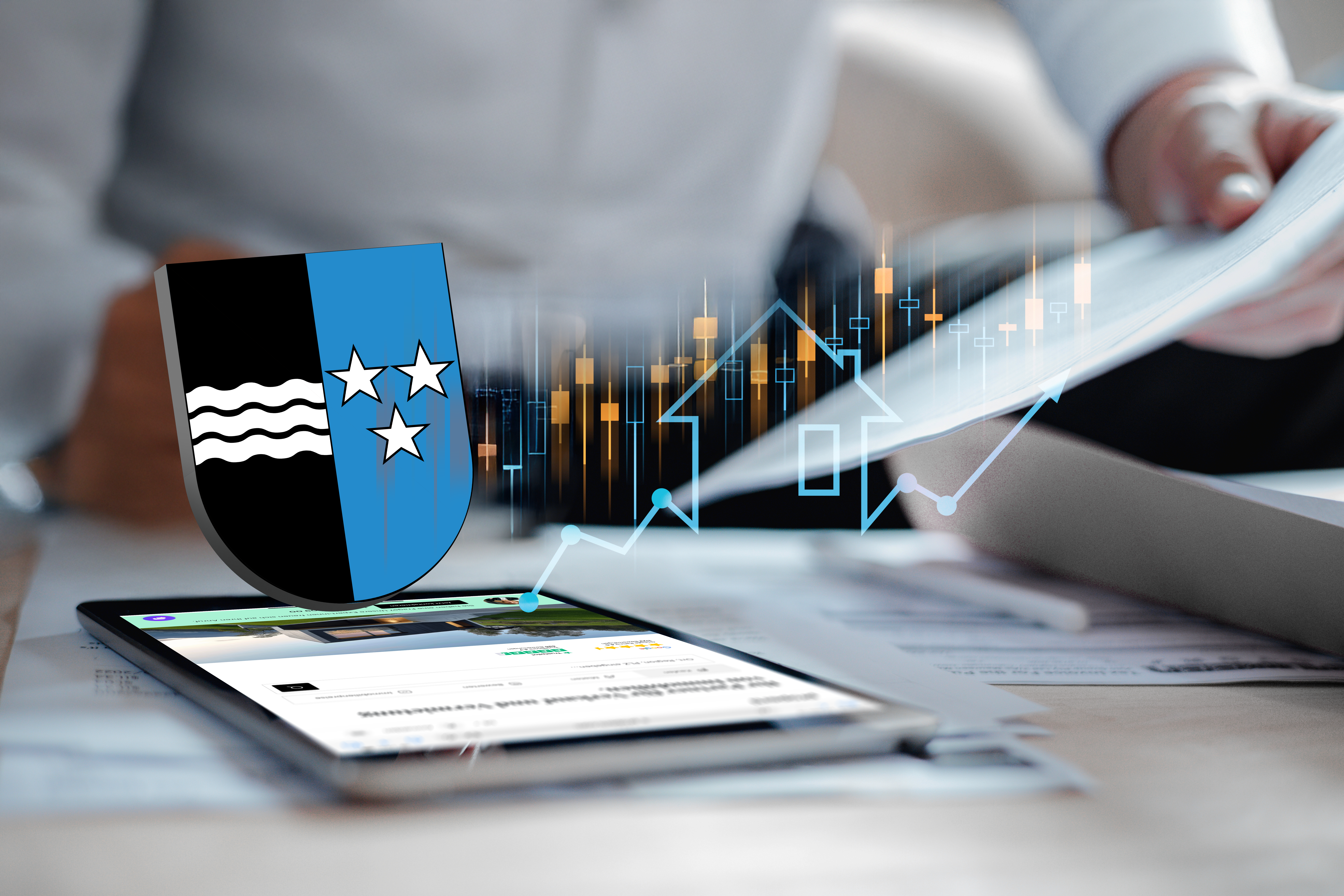 Tablet with real estate website and the coat of arms of the Canton of Aargau, surrounded by financial charts.