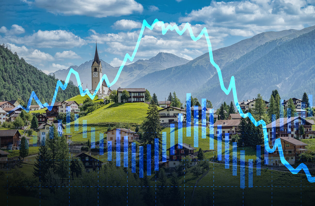properti Blog Header - Ville suisse en soirée avec courbe des taux d'intérêt