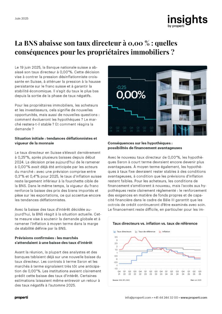Insights, La BNS abaisse son taux directeur à 0,00 % : quelles conséquences pour les propriétaires immobiliers ? FR