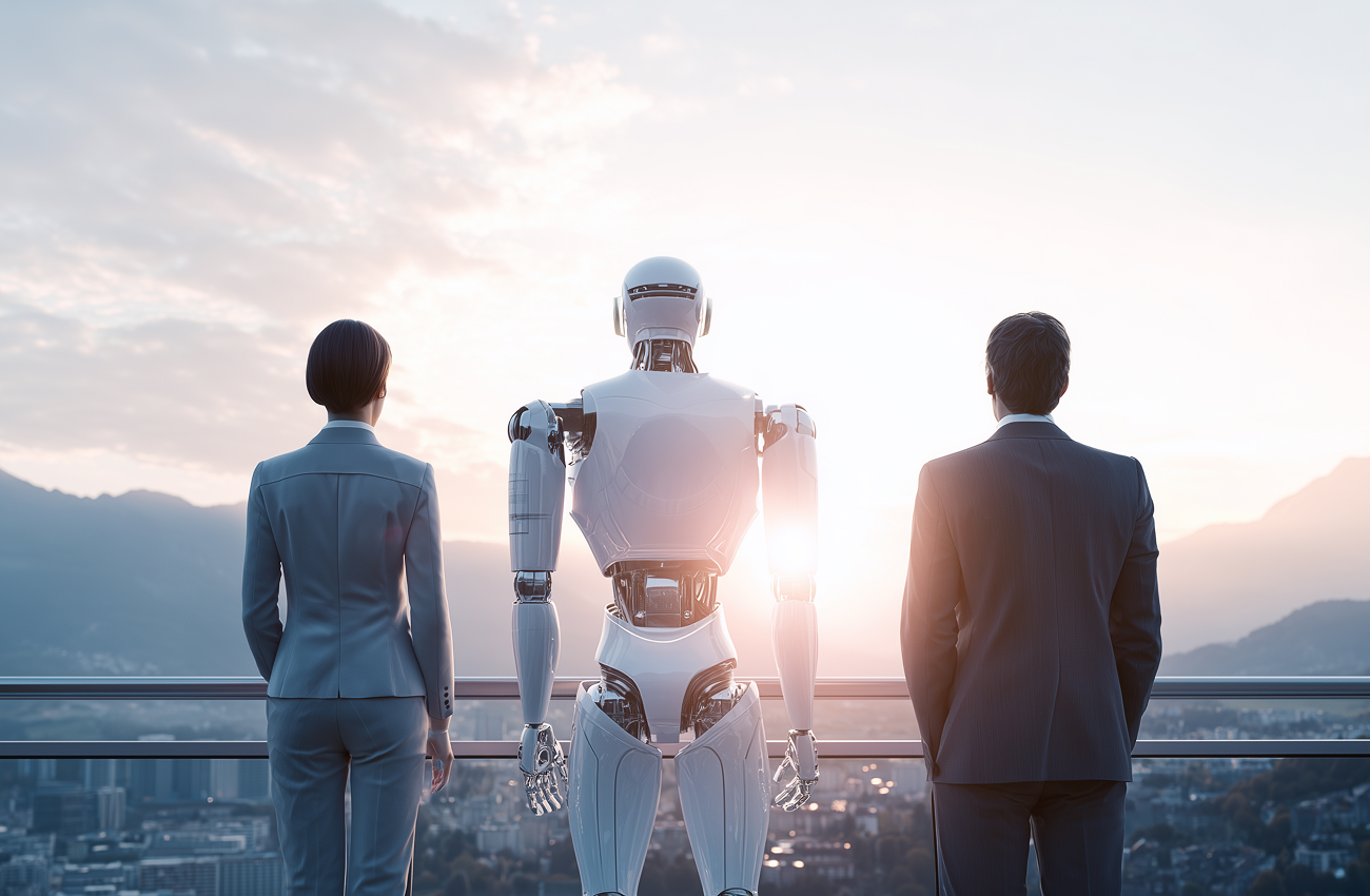 Real estate agents on a roof terrace with a view over the city - a symbol of digital tools and new opportunities through artificial intelligence in real estate marketing.