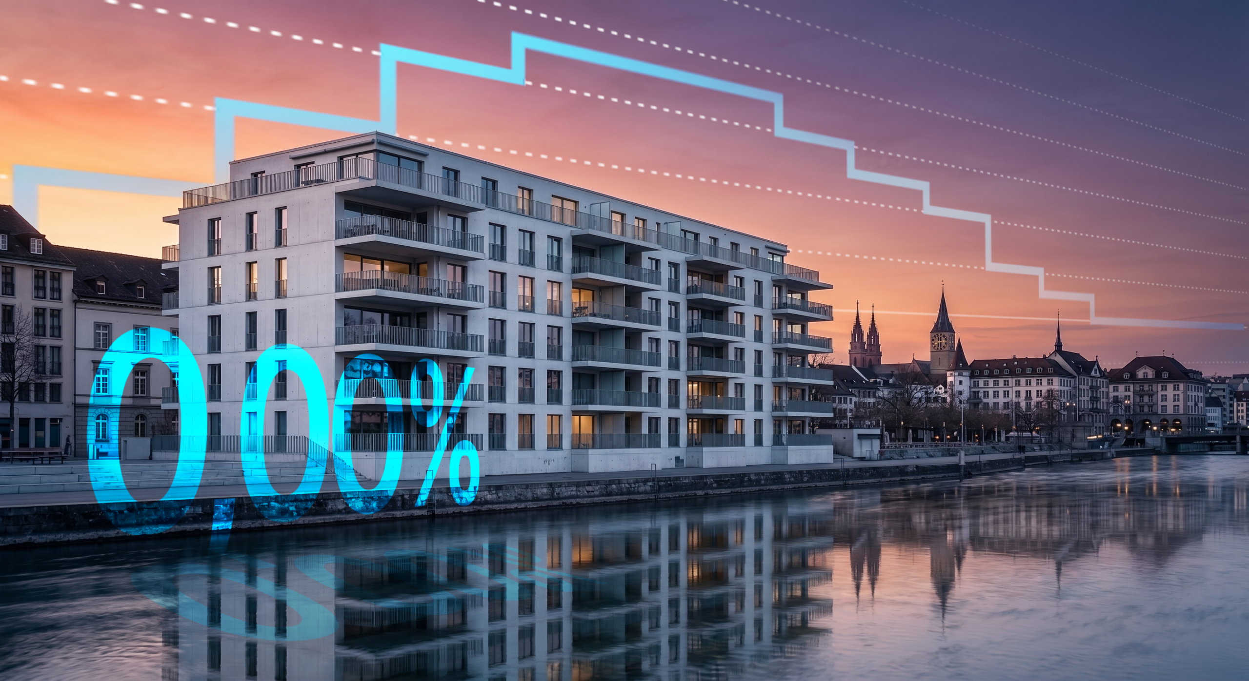 Immeuble moderne en Suisse avec graphique de taux d'intérêt de 0,00% - taux directeur de la BNS de juin 2026 et moteurs de marché régionaux sur le marché immobilier suisse.